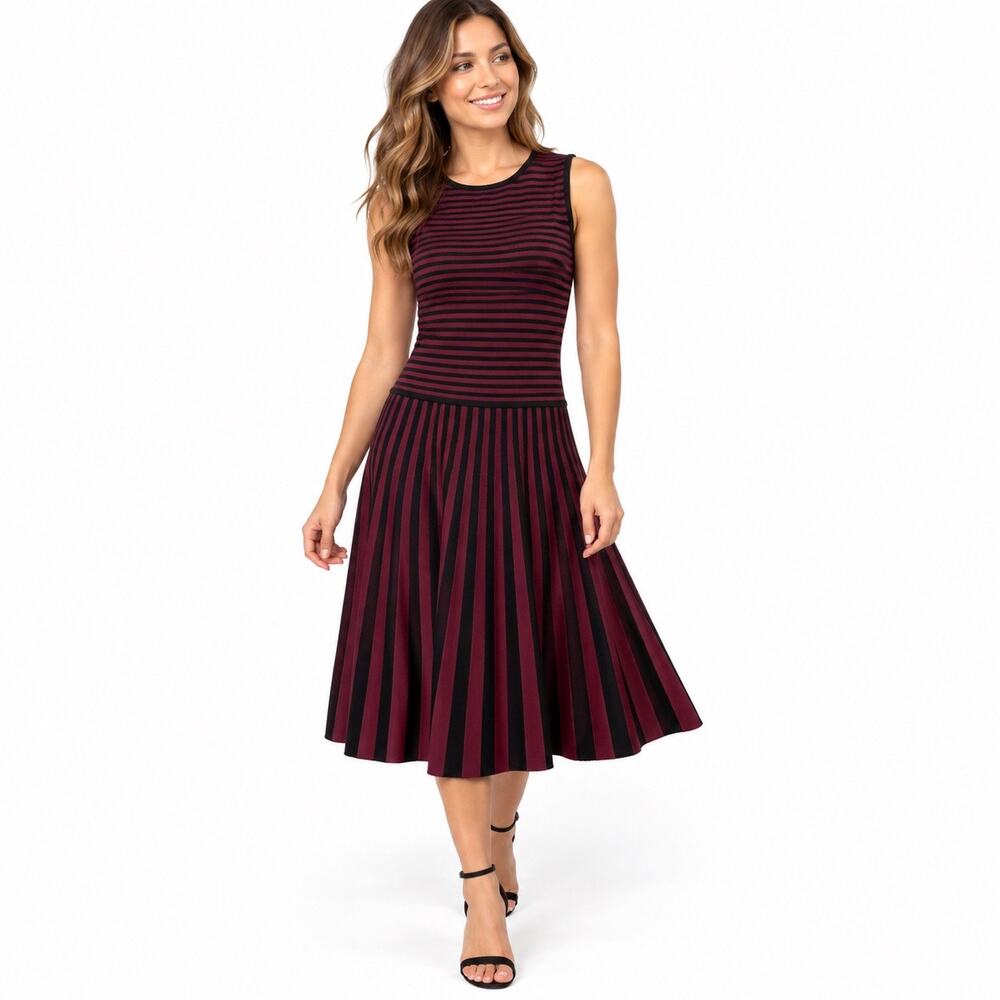 Lauren Ralph Lauren Striped Fit & Flare Dress Petite Small Burgundy Black Knit